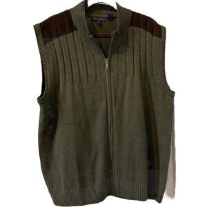 Alan Flusser Full Zip Olive Vest w/ Brown Trim-XXL Sweater Shirt